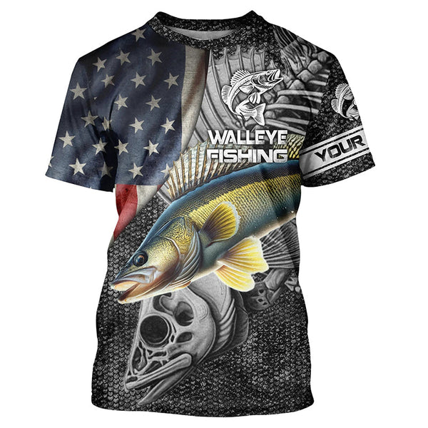 Walleye Fishing American Flag patriotic Custom Name UV protection long sleeve fishing shirts NQS1389