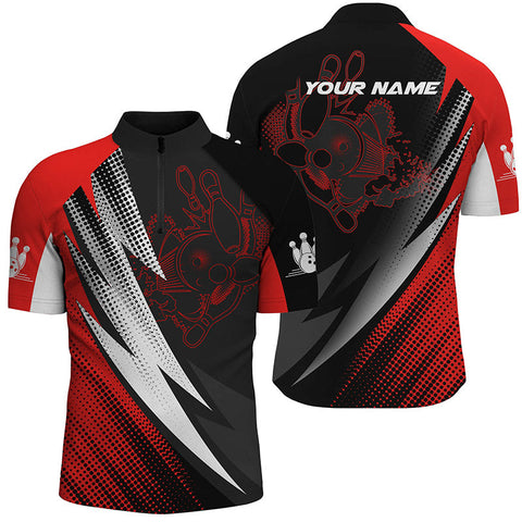 Red & black bowling balls and pins customizable bowling Quarter Zip shirts for men, bowling jerseys NQS4847