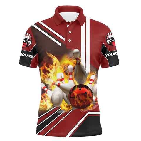 Personalized Men Bowling Polo Shirt Flame Bowling Ball and Pins, bowling polo for men bowlers | Red NQS4504