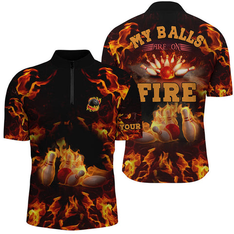 Flame bowling shirt custom my balls are on fire bowling Quarter Zip shirts for men, bowling jersey NQS4865