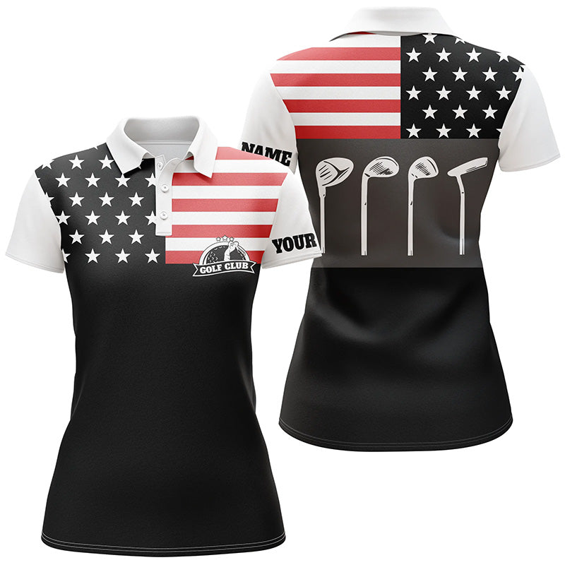 Womens golf polo shirt golf club American flag patriot golf custom name black golf shirt, golfing gift NQS5193