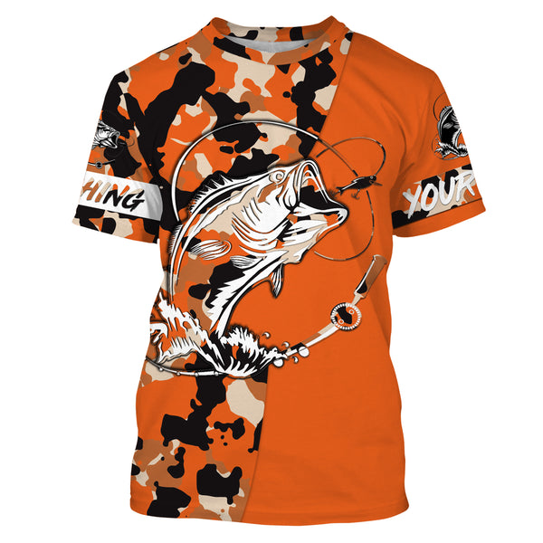 Custom Name bass fishing tattoos Camouflage Orange shirt Performance Fishing Shirt, Bass Fishing Jerseys NQS2479