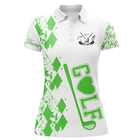 Womens golf polo shirt custom name green golf clubs white golf shirt for women, gifts for golf lovers NQS4878