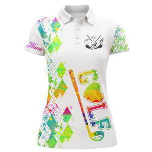 Womens golf polo shirt custom name watercolor golf clubs white golf tops for women, golfing gifts NQS4879