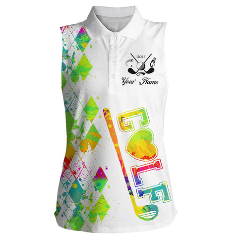 Womens sleeveless golf polo shirt custom name watercolor golf clubs white golf shirt for women NQS4879