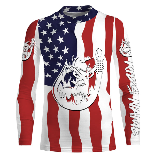US American Fishing Hunting Flag deer duck Fish hook Custom sun protection fishing shirts for adult, kid NQS3453