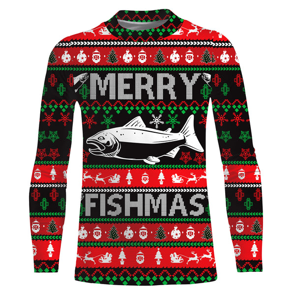 Merry Fishmas funny ugly Christmas salmon fishing shirt UV protection long sleeves UPF 30+ Christmas gift NQS2350