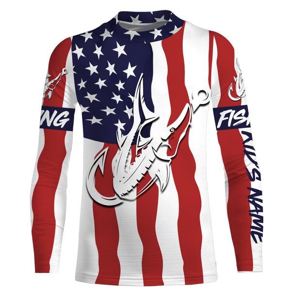 Sturgeon shirt US American Flag Fish hook Custom sun protection fishing shirts for adults, kid NQS3454