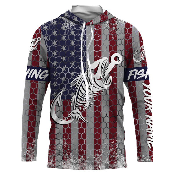 American flag fishing Fish hook skull Custom Name sun protection custom fishing shirts for adult, kid NQS3586