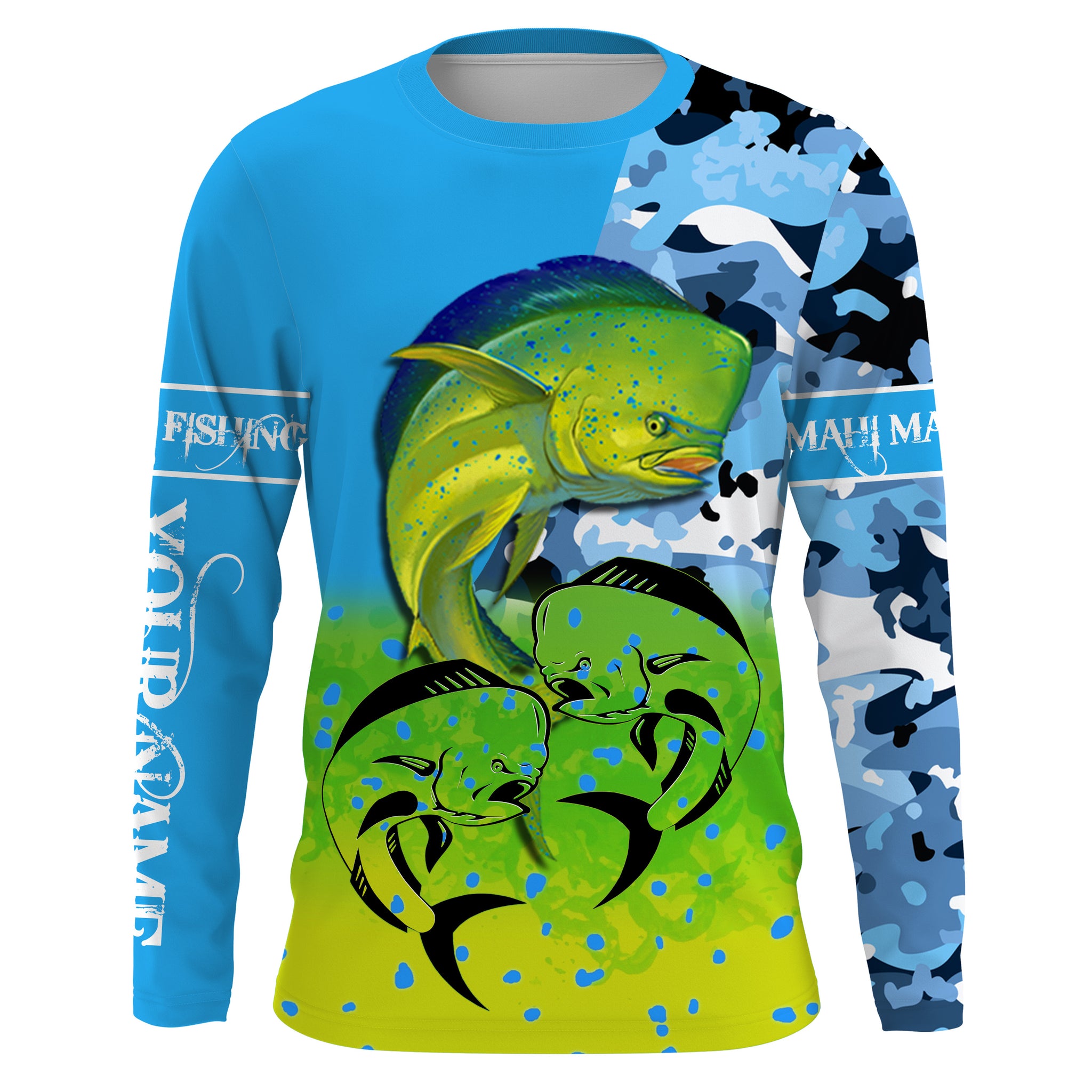 Mahi mahi ( Dorado) fishing blue camouflage Custom Name long sleeves, hooded fishing shirt, Personalized Gifts for Fisherman NQS2936