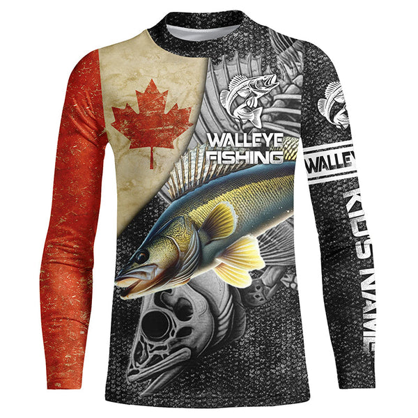 Vintage Canadian Flag Walleye Fishing Custom long sleeve performance Fishing Shirts, Walleye jerseys NQS5222