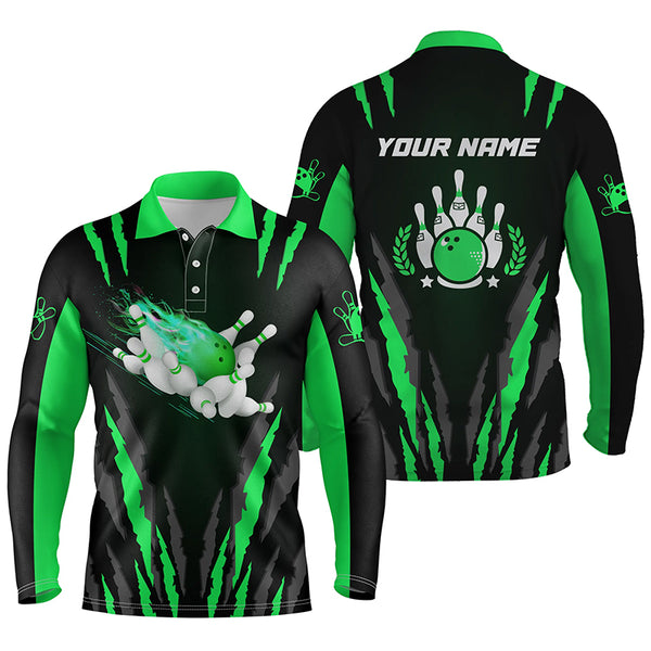 Bowling polo shirts for men custom name Flame Bowling Ball and Pins bowling jerseys | Green NQS4541