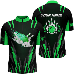 Bowling Quarter Zip shirts for men custom name Flame Bowling Ball and Pins bowling jerseys | Green NQS4541