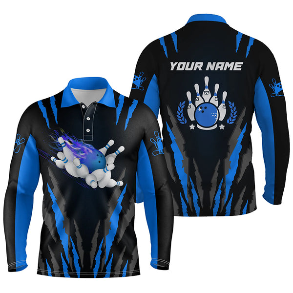 Bowling polo shirts for men custom name Flame Bowling Ball and Pins bowling jerseys | Blue NQS4542