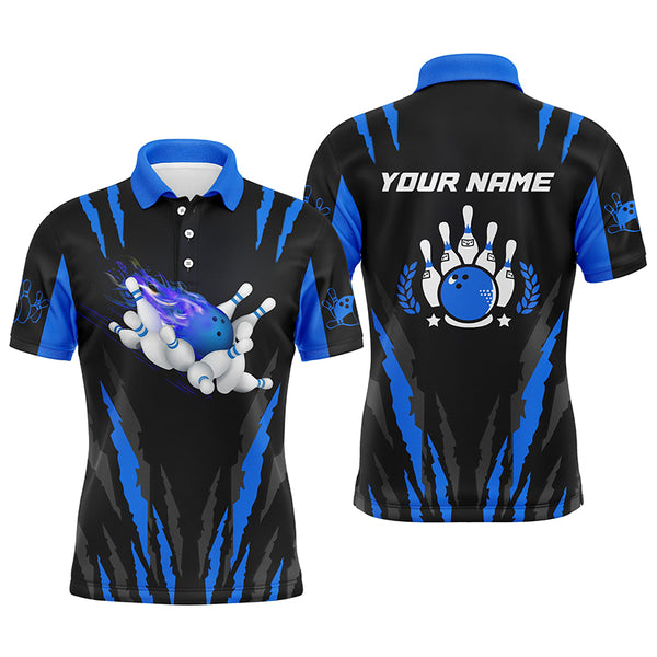 Bowling polo shirts for men custom name Flame Bowling Ball and Pins bowling jerseys | Blue NQS4542