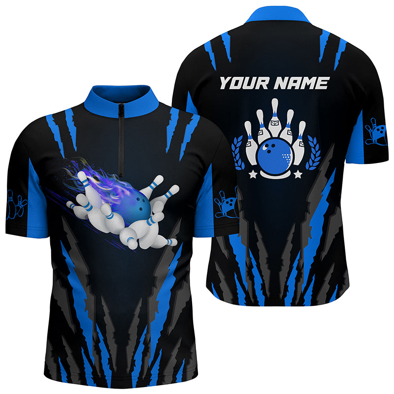 Bowling Quarter Zip shirts for men custom name Flame Bowling Ball and Pins bowling jerseys | Blue NQS4542