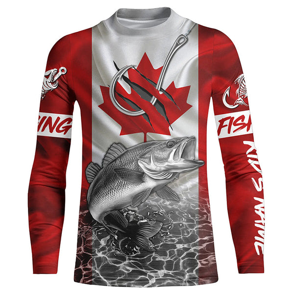 Canadian Flag Walleye Fish hook Custom long sleeve performance Fishing Shirts, Walleye Fishing jerseys NQS5459