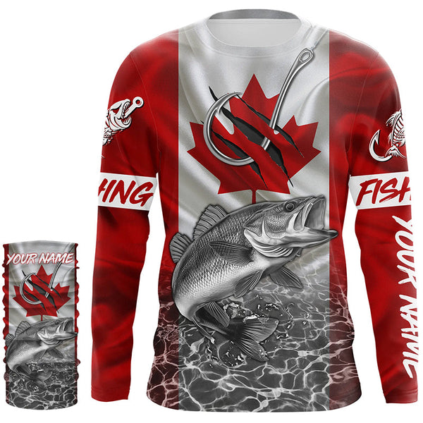 Canadian Flag Walleye Fish hook Custom long sleeve performance Fishing Shirts, Walleye Fishing jerseys NQS5459