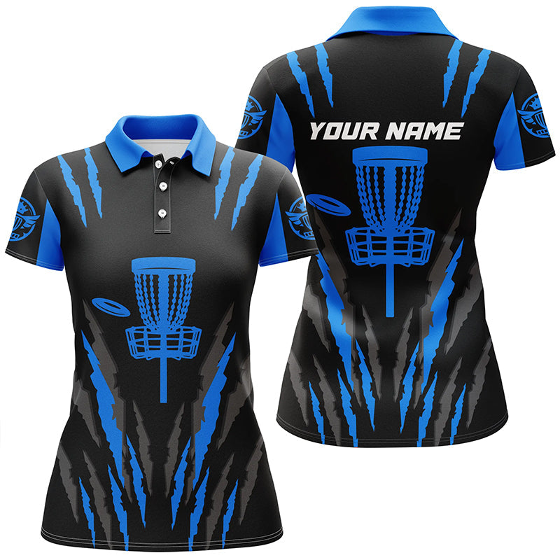 Black and blue Women disc golf polo shirt disc golf hole basket custom name disc golf team shirt NQS4731