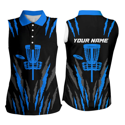 Black and blue Womens sleeveless polo disc golf shirt disc golf hole custom name disc golf team shirt NQS4731