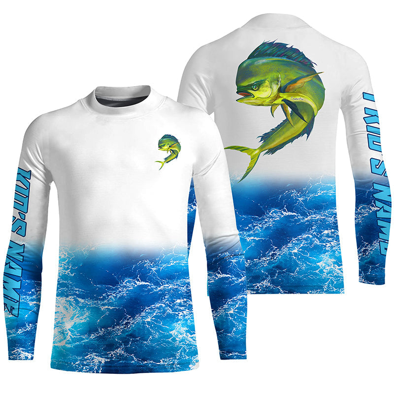 Mahi Mahi Fishing Blue Sea Wave Water Camo Custom Name Performance Long Sleeve Fishing Shirts NQS4928 Long Sleeves UPF / L