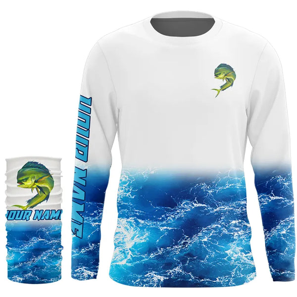 Mahi mahi fishing blue sea wave water camo Custom Name performance long sleeve fishing shirts NQS4928