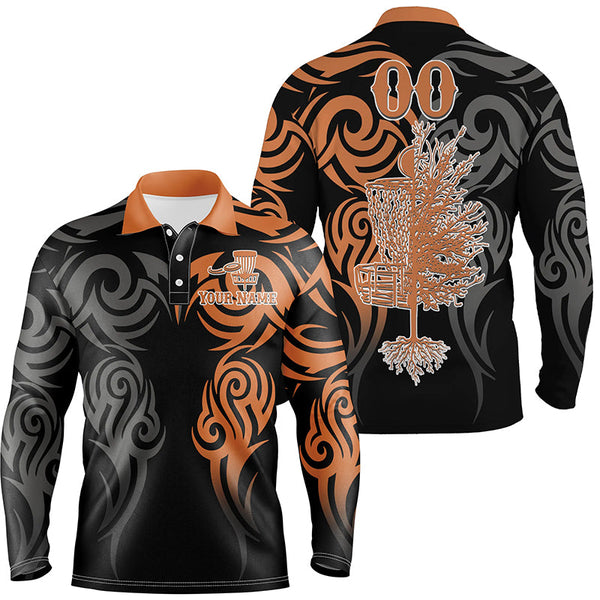 Custom name and number black orange Disc Golf basket tattoo Men polo shirts, disc golf shirts for men NQS5231