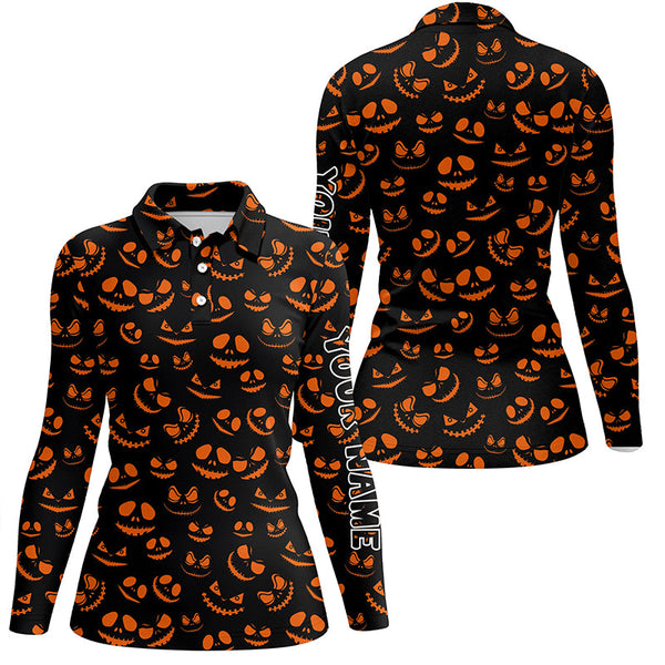 Funny womens golf polo shirt orange black Halloween background custom Halloween golf attire for women NQS6152