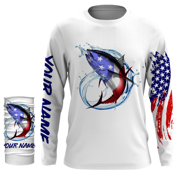 Tuna fishing American flag patriotic Custom Name UV protection UPF 30+ fishing jersey, Gifts for Fisherman NQS2964