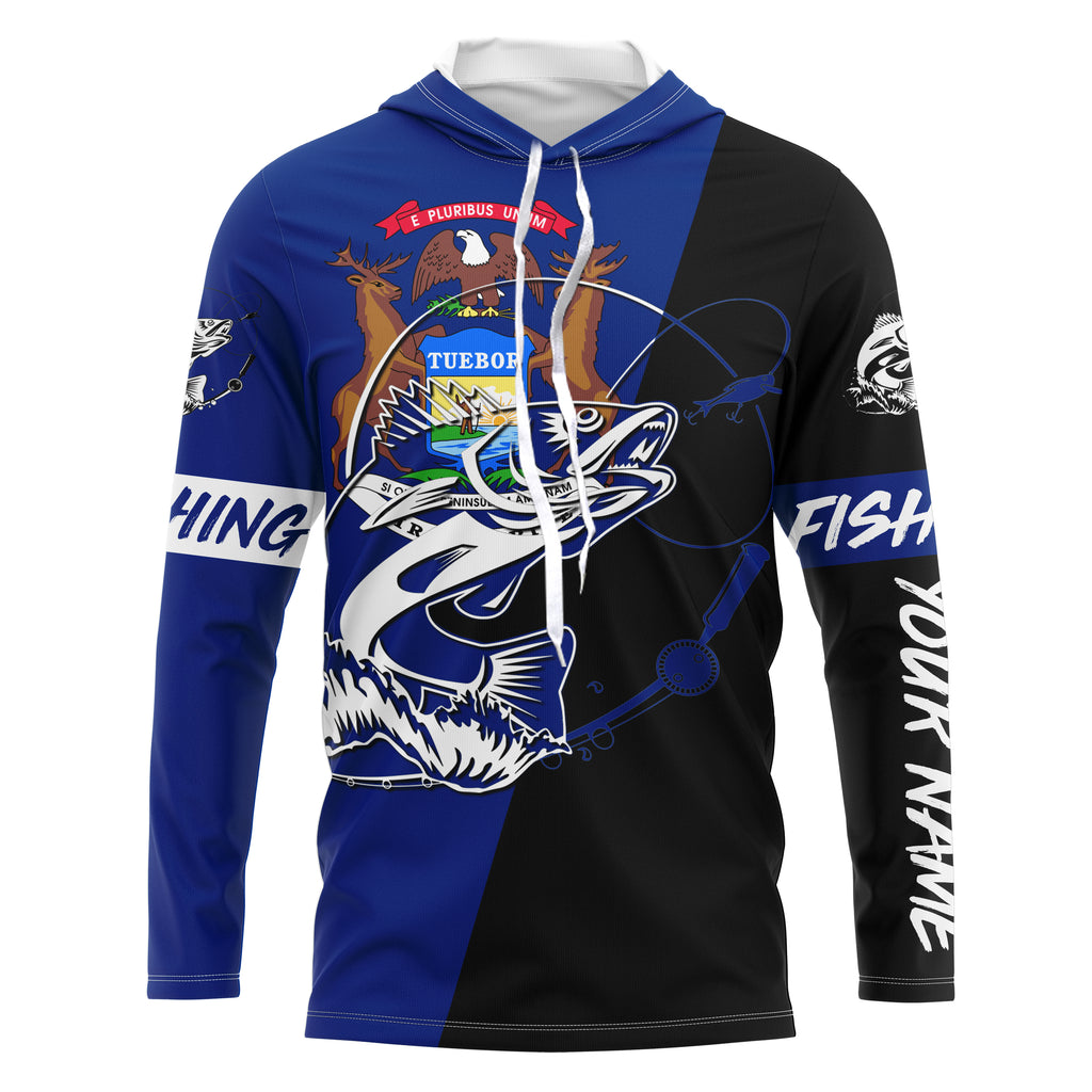 Michigan Walleye Fishing Custom Name UV Protection UPF 30+ Fishing Jersey, Custom Fishing Apparel NQS3061 Long Sleeves UPF + Face Shield / 2XL