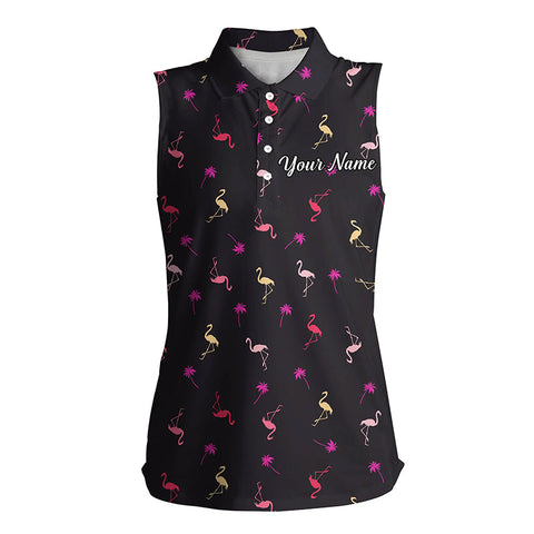 Black Womens Sleeveless polo shirt neon pink flamingos palm pattern custom team flamingo golf shirts NQS4952