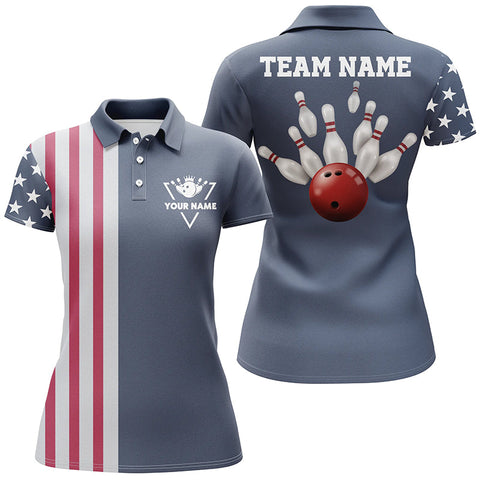 Custom vintage Bowling polo shirts for women American flag patriotic Bowling team jerseys | Blue NQS4956