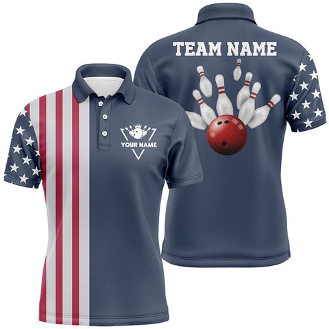 Custom vintage Bowling polo shirts for men American flag patriotic Bowling team jerseys | Blue NQS4956