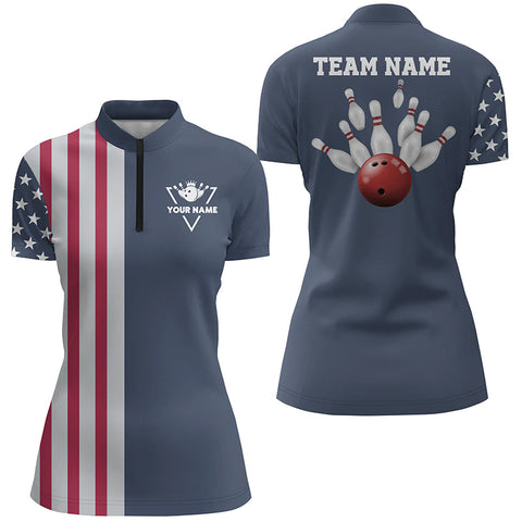 Custom vintage Bowling Quarter Zip shirts for women American flag patriotic Bowling team jersey | Blue NQS4956