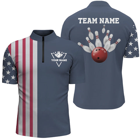Custom vintage Bowling Quarter Zip shirts for men American flag patriotic Bowling team jerseys | Blue NQS4956