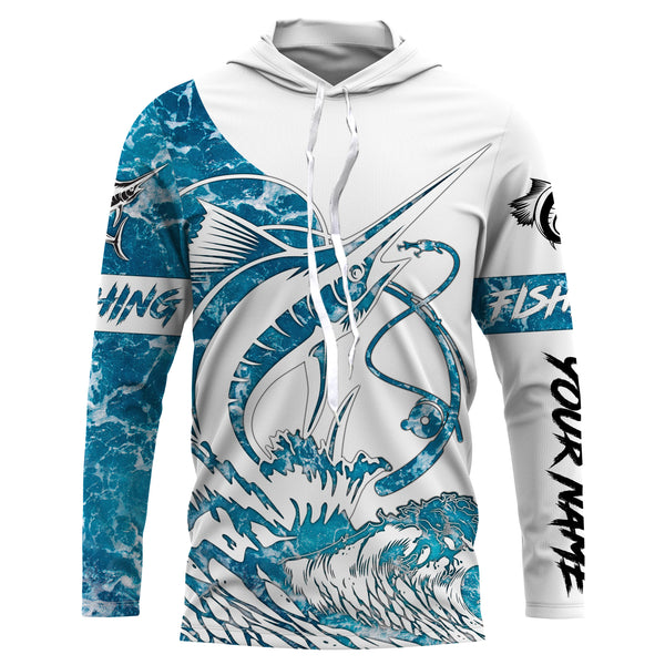 Sailfish fishing tattoo blue sea wave ocean camo Custom Name UV sun protection fishing jersey NQS3777