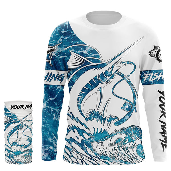 Sailfish fishing tattoo blue sea wave ocean camo Custom Name UV sun protection fishing jersey NQS3777