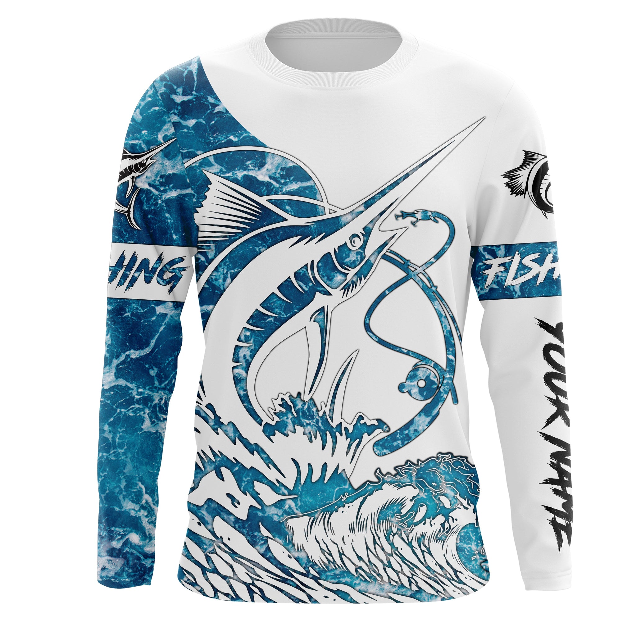 Sailfish fishing tattoo blue sea wave ocean camo Custom Name UV sun protection fishing jersey NQS3777