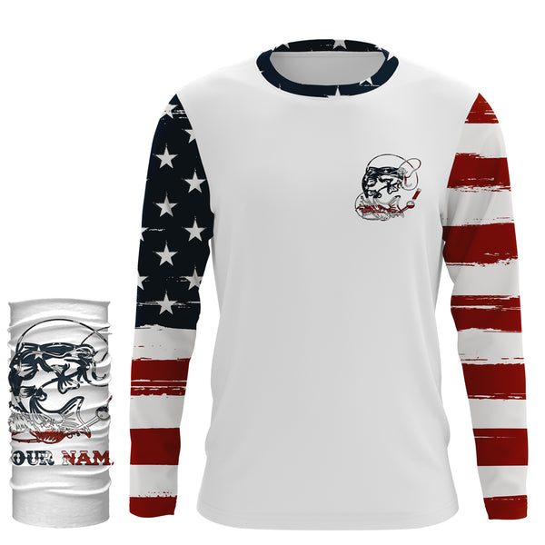 Catfish Fishing catfish hunter American Flag Customized Name UV Protection Shirts, patriotic Fishing Clothing NQS2384