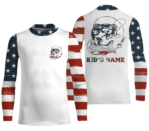 Catfish Fishing catfish hunter American Flag Customized Name UV Protection Shirts, patriotic Fishing Clothing NQS2384