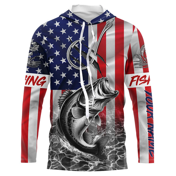 American Flag Bass Fish hook Custom long sleeve performance Fishing Shirts, Bass Fishing jerseys NQS5502