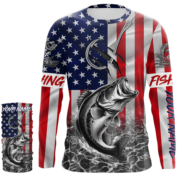 American Flag Bass Fish hook Custom long sleeve performance Fishing Shirts, Bass Fishing jerseys NQS5502