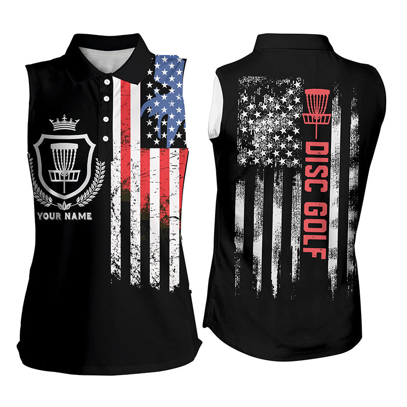 Disc golf basket American flag patriotic Womens sleeveless polo shirt custom disc golf shirt for women NQS4998