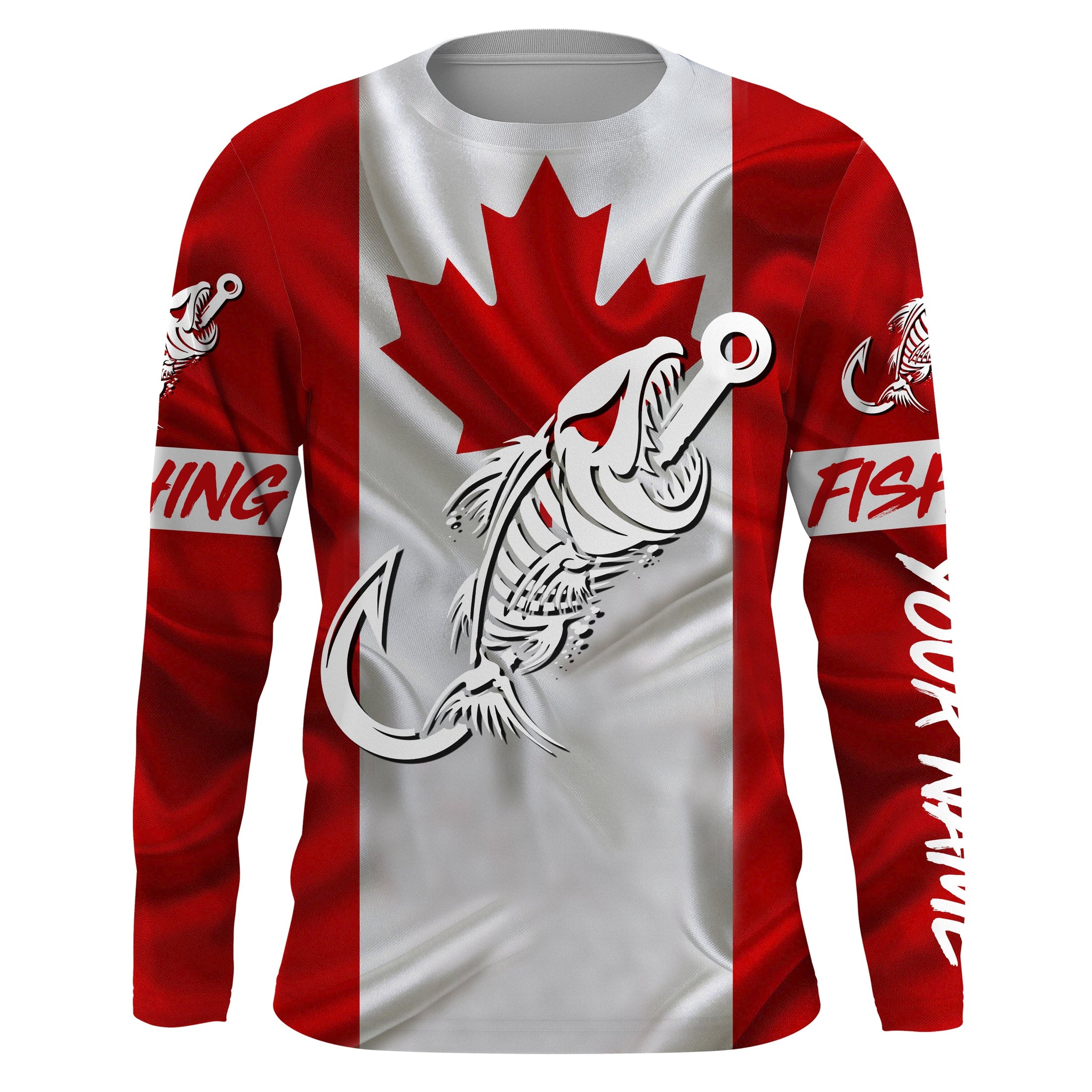 Customized Canada long sleeve fishing shirts Canada Flag Fish hook
