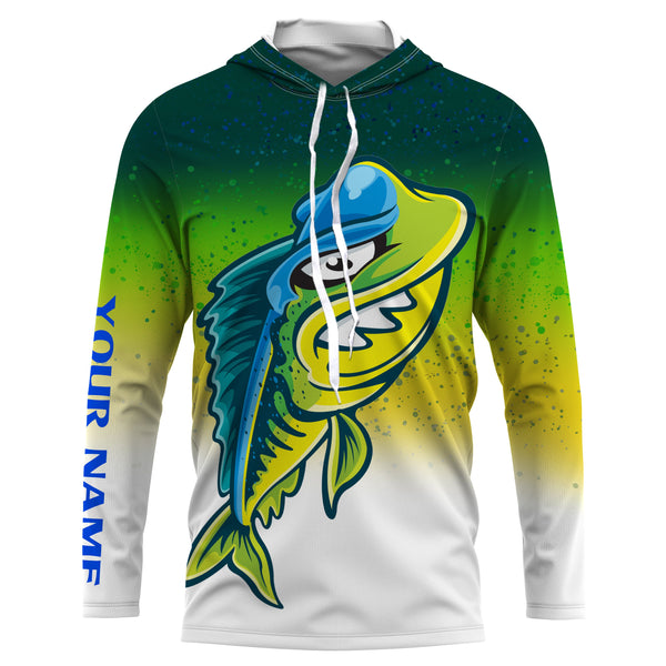 Funny Mahi mahi skeleton green scales Custom Name sun protection long sleeve hooded fishing jersey NQS3790