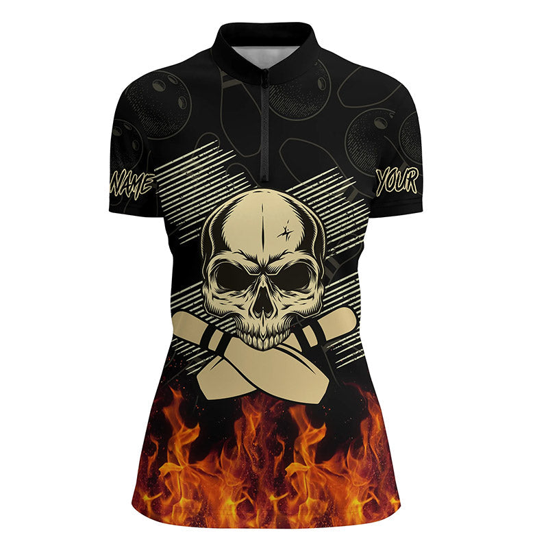 Women's bowling shirt Quarter Zip custom name skull flame Bowling Pins personalized bowling jerseys NQS4400