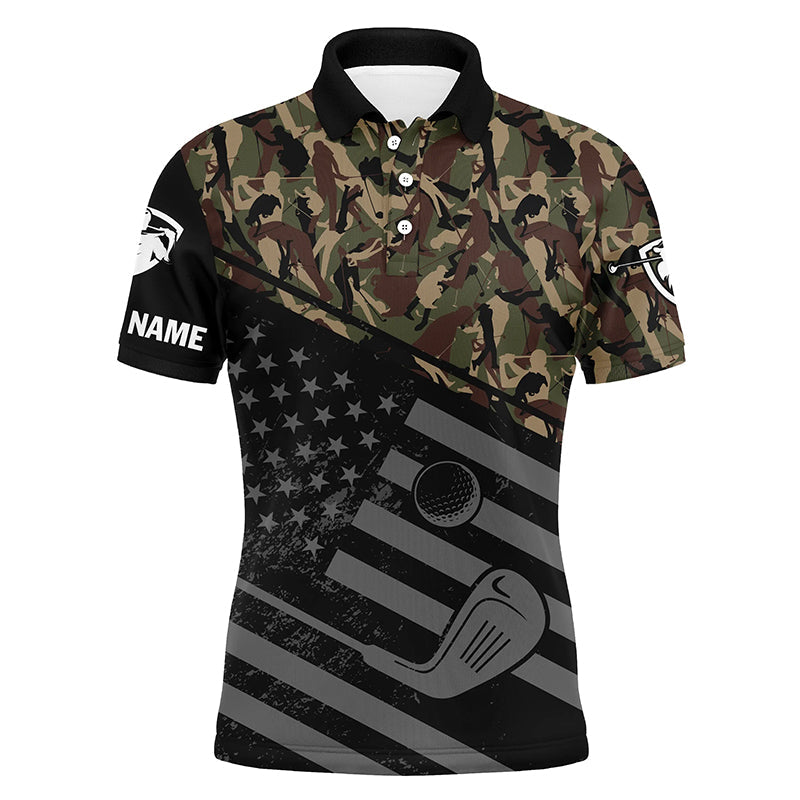 Mens golf polo shirt black American flag patriotic green camo polo custom name golfing gifts NQS4757