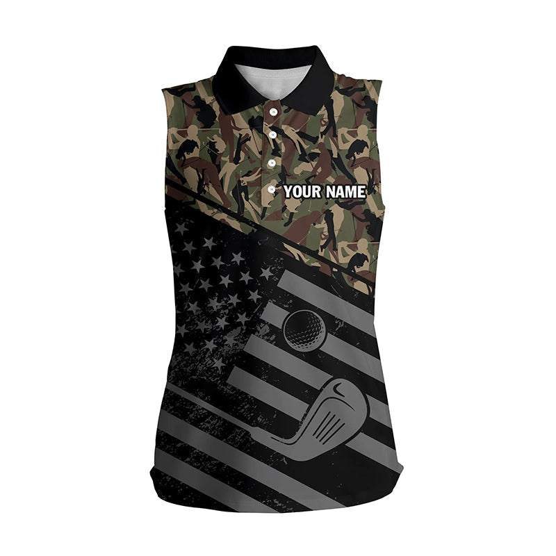 Womens sleeveless polo shirt black American flag patriotic green camo polo custom name golfing gifts NQS4757