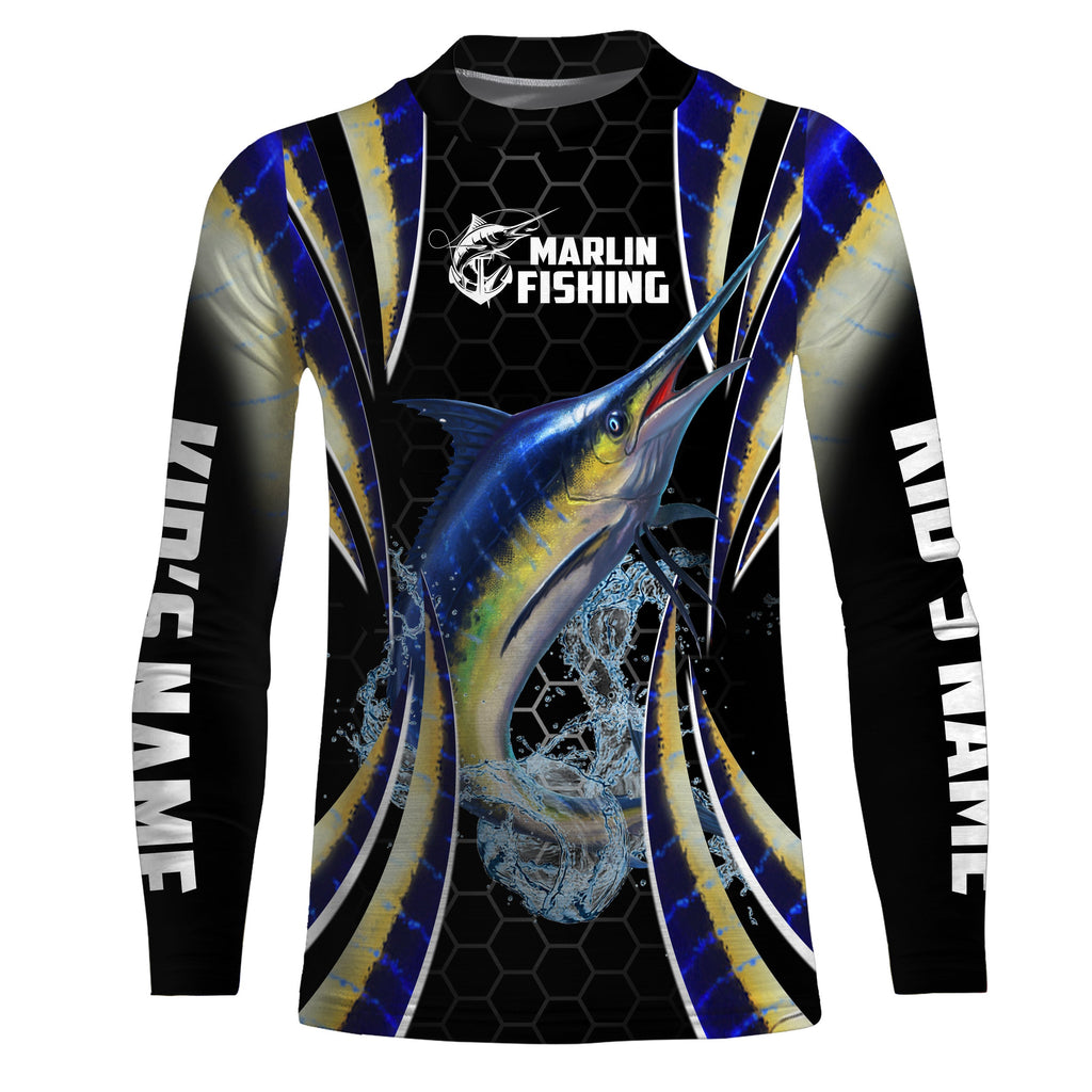 Blue Marlin Saltwater Offshore Fishing Black Scales Custom Name Sun Protection UPF 30+ Fishing Jersey NQS3506, Long Sleeves Hooded UPF / L