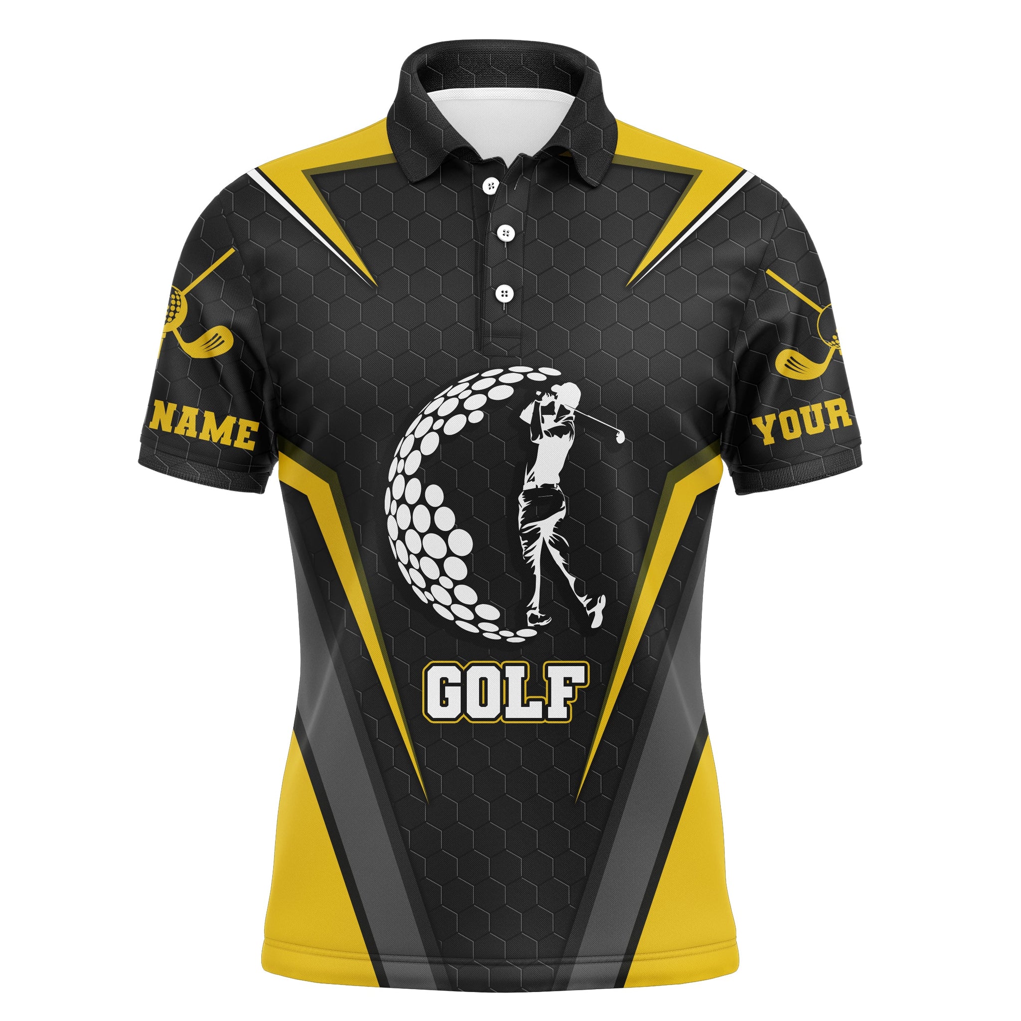 Black long sleeve golf polo shirts for mens custom name golf upf shirts, golfer gifts| Yellow NQS3646